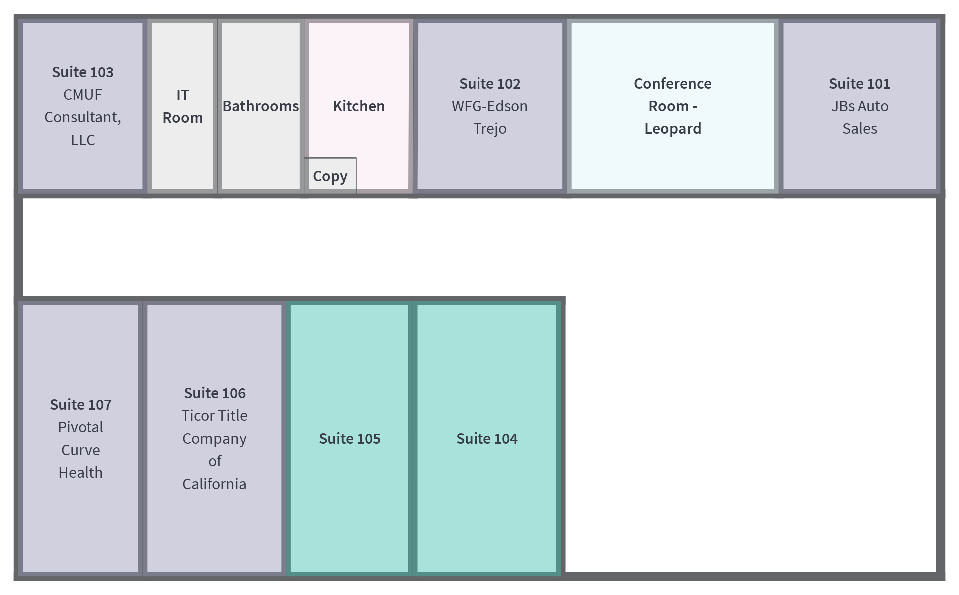 Leopard Street floor plan showing suites 101 through 107, conference room, and kitchen